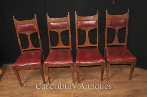 套4古董艺术Nouveau餐椅1890工艺橡木雕刻