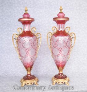 配对法国玻璃帝国Amphora花瓶Urn Leded 瓮