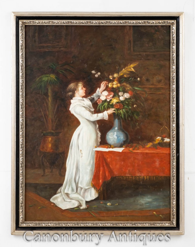 维多利亚时代的油画插花女孩-花卉肖像