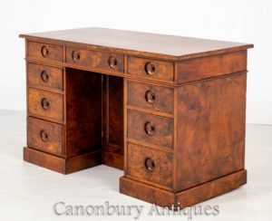 维多利亚时代胡桃木书桌-仿古膝孔，约1860年