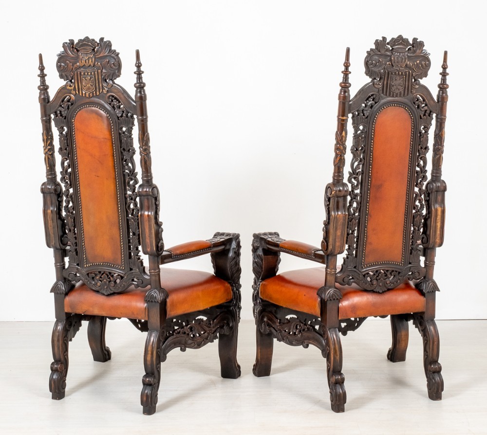 一对古董王座-橡木雕花意大利文艺复兴时期扶手椅