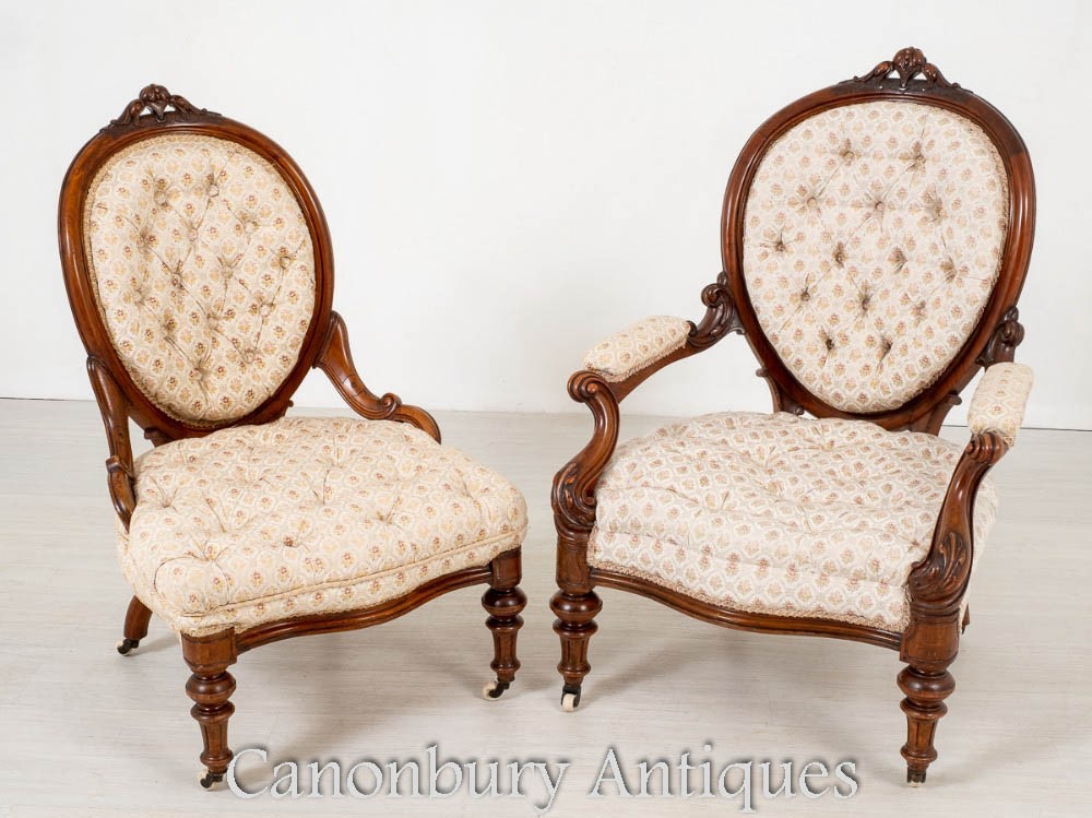 一对维多利亚时代的他和她的椅子-古董扶手椅1870