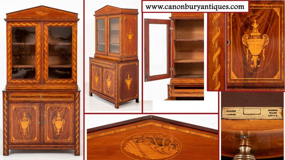 古董荷兰桃花心木书柜-釉面橱柜镶嵌镶嵌1860