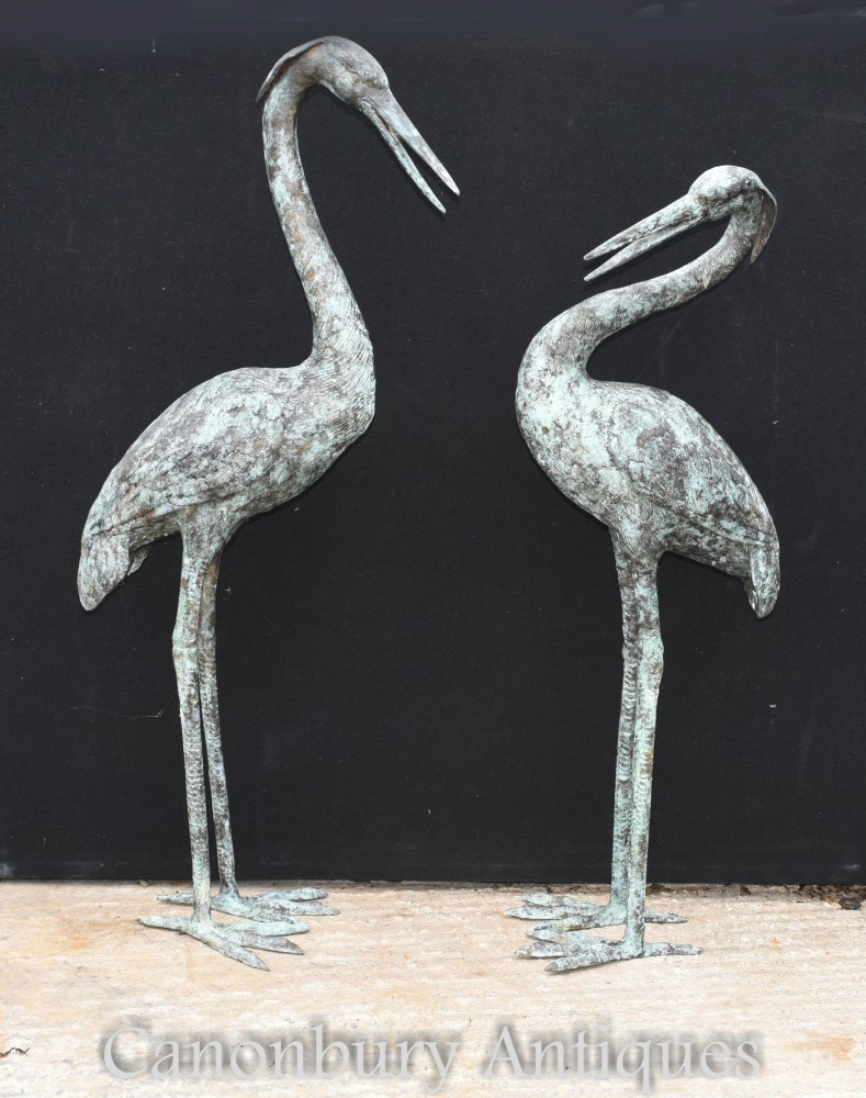 一对青铜日本鹤-花园鸟雕塑鹳