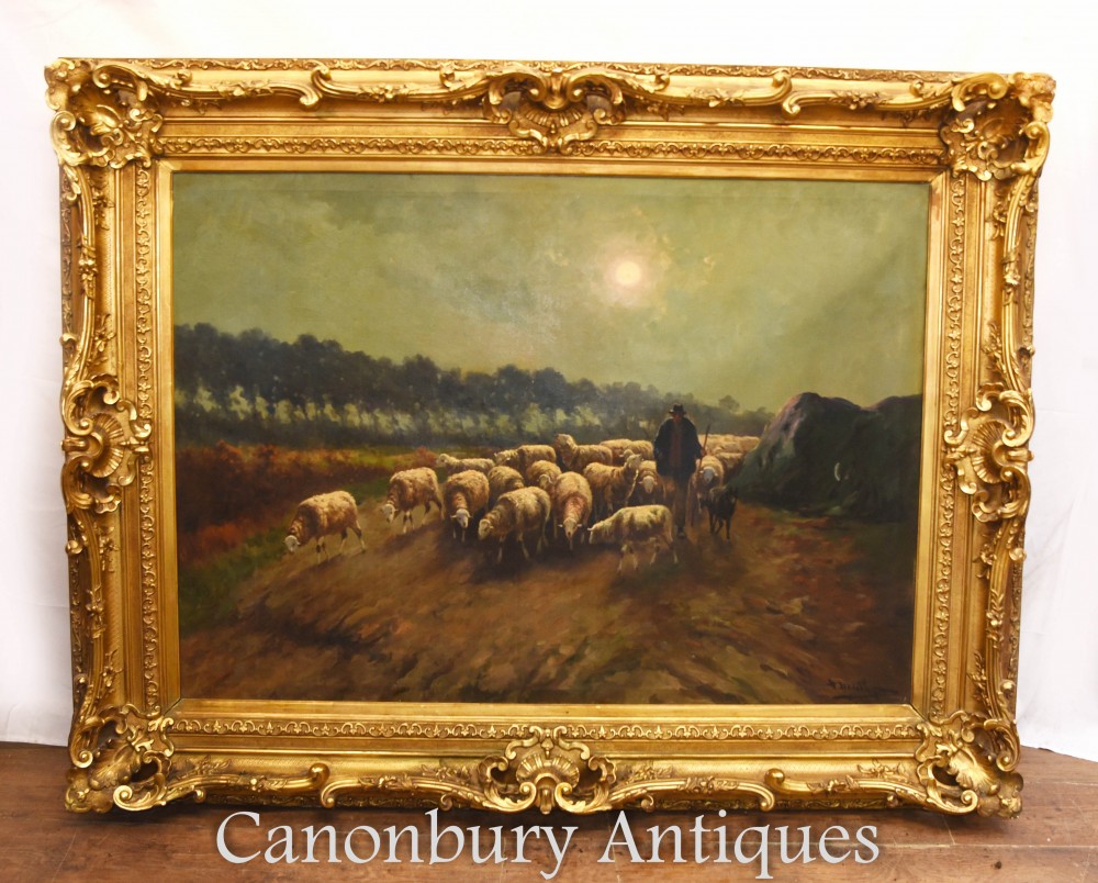 古董油画绵羊农民风景维多利亚时代1880年